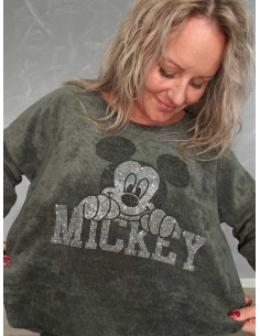 Armygrøn fløjlstrøje i viskose med Mickey-motiv – TIPPY Collection 2