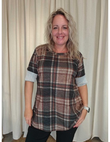 Brun ternet oversize bluse i viskose og elastan med rund hals – TIPPY Italian Select