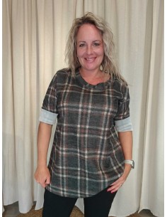 Grøn ternet oversize bluse i viskose og elastan med rund hals – TIPPY Italian Select