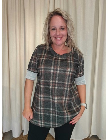 Grøn ternet oversize bluse i viskose og elastan med rund hals – TIPPY Italian Select