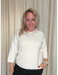 Hvid strikbluse i viskose, polyester og nylon med perlekrave og 3/4-ærmer – TIPPY Italian Select