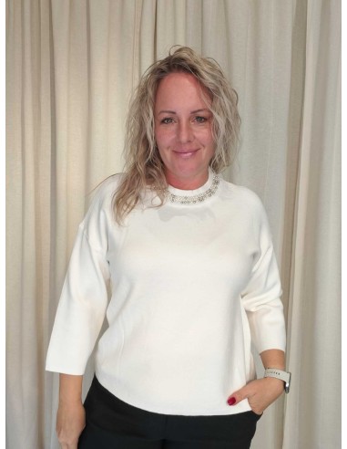 Hvid strikbluse i viskose, polyester og nylon med perlekrave og 3/4-ærmer – TIPPY Italian Select