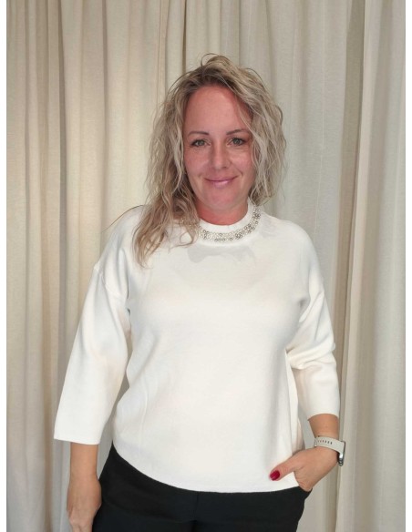 Hvid strikbluse i viskose, polyester og nylon med perlekrave og 3/4-ærmer – TIPPY Italian Select