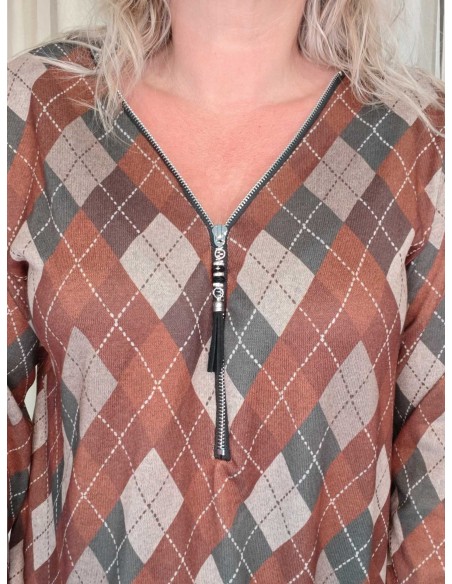 Lynlås på brun/beige ternet bluse – TIPPY