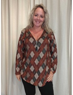 Brun/beige ternet bluse i viskose og elastan med lynlås og oversize pasform – TIPPY Italian Select