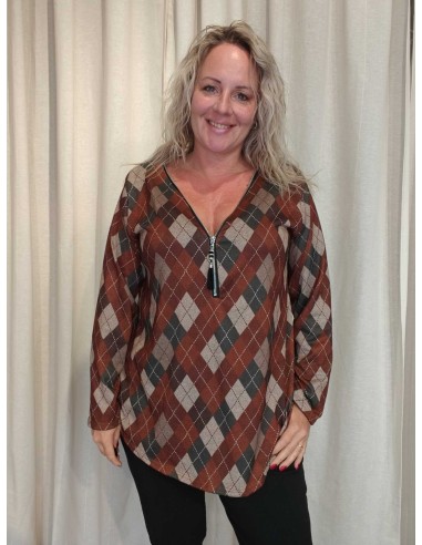 Brun/beige ternet bluse i viskose og elastan med lynlås og oversize pasform – TIPPY Italian Select
