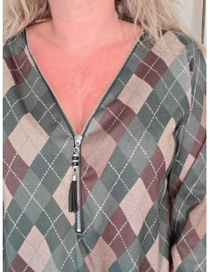Grøn/brun ternet bluse i viskose og elastan med lynlås og oversize pasform – TIPPY Italian Select 2