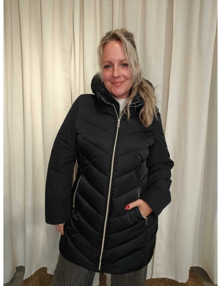 Sort dunjakke i polyester med aftagelig hætte og quiltet design – Italian Select TIPPY