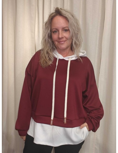 Bordeaux sweatbluse i viskose og polyester med hvid hætte og kontrastlag – TIPPY Collection