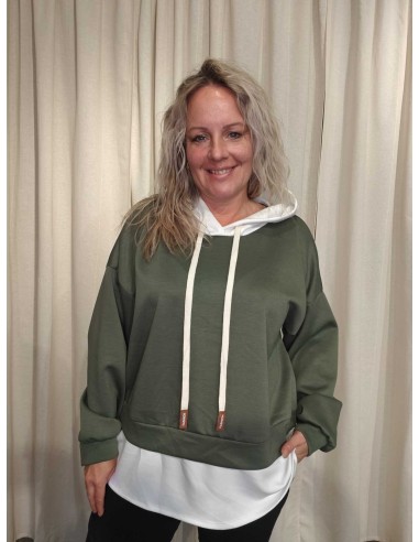 Grøn sweatbluse i viskose og polyester med hvid hætte og kontrastlag – TIPPY Collection