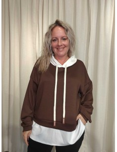Brun sweatbluse i viskose og polyester med hvid hætte og kontrastlag – TIPPY Collection