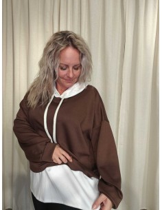 Brun sweatbluse i viskose og polyester med hvid hætte og kontrastlag – TIPPY Collection 2