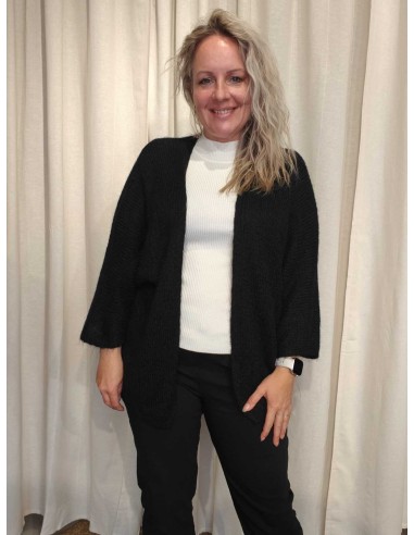 Sort strikcardigan i polyesterblanding med uld, åben front og vide 3/4-ærmer – TIPPY Collection