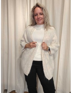 Sand strikcardigan i polyesterblanding med uld, åben front og vide 3/4-ærmer – TIPPY Collection