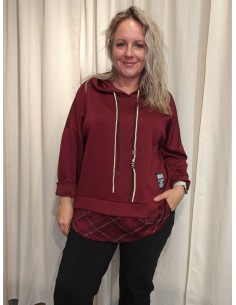 Bordeaux sweatbluse i viskose, polyester og elastan med hætte og ternet underkant – TIPPY Collection