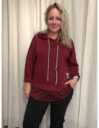 Bordeaux sweatbluse i viskose, polyester og elastan med hætte og ternet underkant – TIPPY Collection