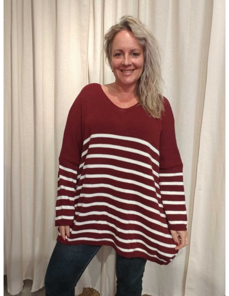 Bordeaux oversize strik i 100% akryl med striber og rund hals – TIPPY Italian Select