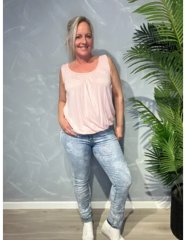 Rose-farvet let top med rynkeeffekt og elastikkant
