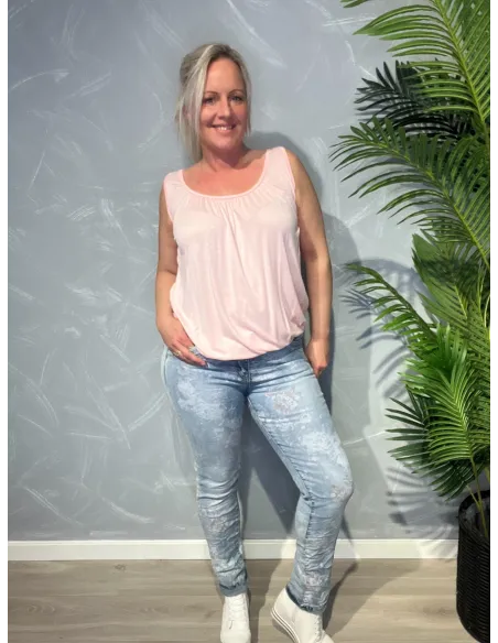 Rose-farvet let top med rynkeeffekt og elastikkant