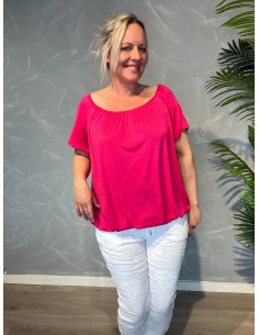 Pink t-shirt med elastikkant i bund og hals, løs pasform og blødt fald - TIPPY