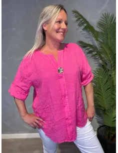 Pink hørbluse med stor knap til kvinder – TIPPY Italian Select