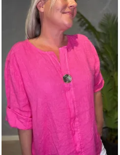Pink hørbluse med stor knap til kvinder – TIPPY Italian Select 2