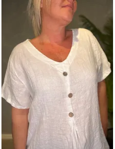 Hvid hørbluse med træknapper og T-shirt ærmer, særlig syning ved bryst, onesize pasform 2