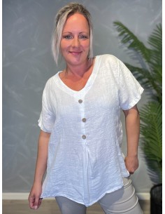 Hvid hørbluse med træknapper og T-shirt ærmer, særlig syning ved bryst, onesize pasform