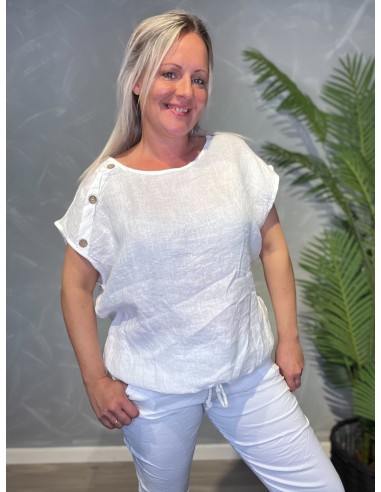 Hvid hørbluse med pynteknapper og bindebånd, casual fit med korte ærmer, perfekt til den modne kvinde