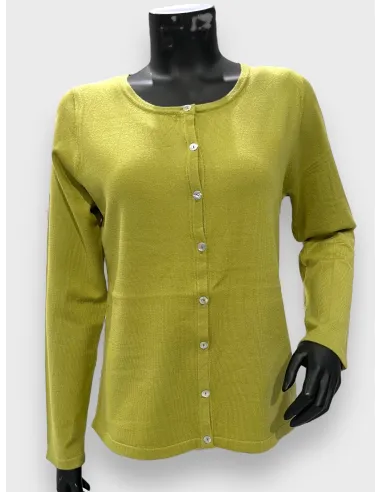 Kiwi-farvet strikket cardigan med knapper, klassisk pasform, perfekt til den modne kvinde