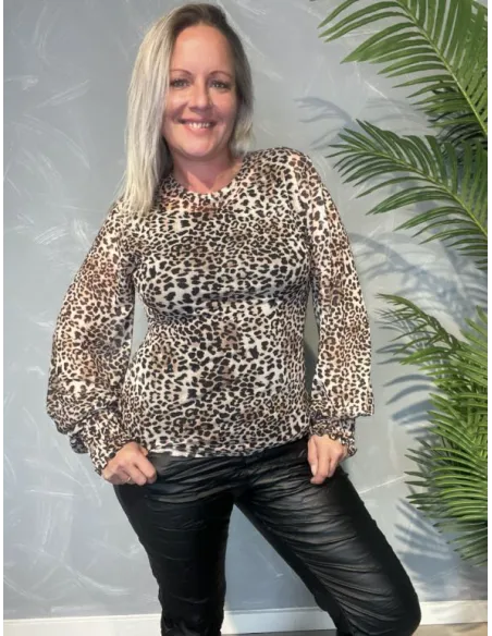 Brun leo mesh bluse med smock til kvinder – Design by TIPPY