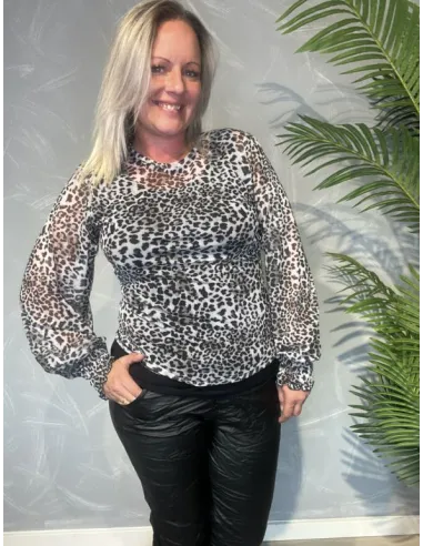 Grå leo mesh bluse med smock til kvinder – Design by TIPPY