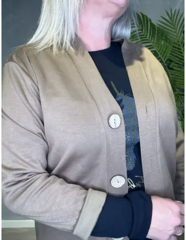 “Detalje af knapper på brun cardigan – TIPPY