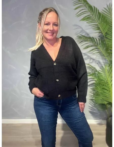 Sort strik cardigan med lommer og knapper til kvinder – TIPPY Collection