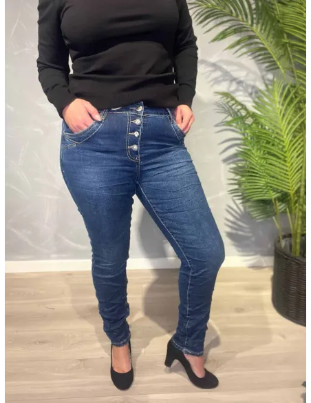Mørkeblå slim fit jeans fra Karostar med dekorative knapper -TIPPY