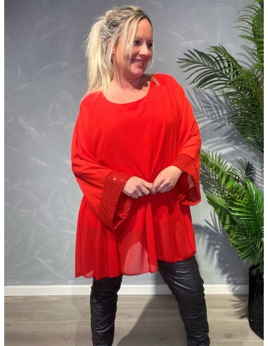 TIPPY; RØD  CHIFFON TUNIKA MED PALLIET ÆRME
