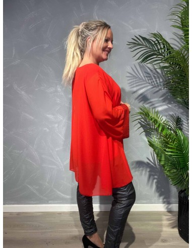TIPPY; RØD  CHIFFON TUNIKA MED PALLIET ÆRME