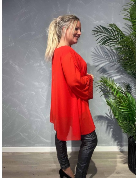 TIPPY; RØD  CHIFFON TUNIKA MED PALLIET ÆRME