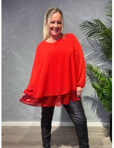 TIPPY; RØD CHIFFON TUNIKA MED PALLIET SKØRT