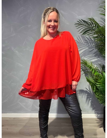 TIPPY; RØD CHIFFON TUNIKA MED PALLIET SKØRT