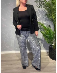 Sølv velour-paillet bukser med elastisk talje til kvinder – TIPPY Collection”
