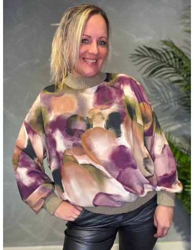 Mix lilla grøn beige chiffon bluse til kvinder med strik – TIPPY Collection TIPPY