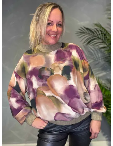 Mix lilla grøn beige chiffon bluse til kvinder med strik – TIPPY Collection TIPPY