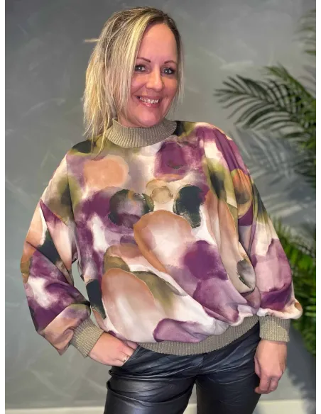 Mix lilla grøn beige chiffon bluse til kvinder med strik – TIPPY Collection TIPPY