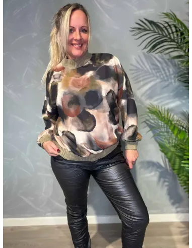 Mix sort grøn brun chiffon bluse til kvinder med strik – TIPPY Collection TIPPY