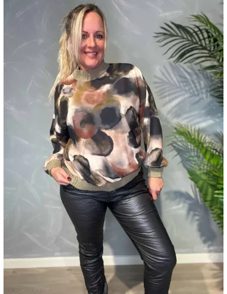 Mix sort grøn brun chiffon bluse til kvinder med strik – TIPPY Collection TIPPY