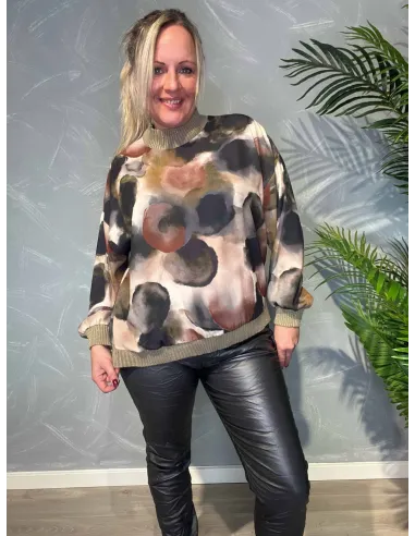 Mix sort grøn brun chiffon bluse til kvinder med strik – TIPPY Collection TIPPY