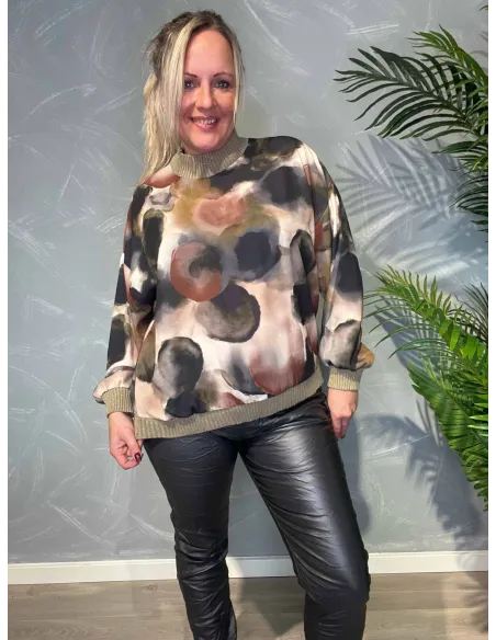 Mix sort grøn brun chiffon bluse til kvinder med strik – TIPPY Collection TIPPY