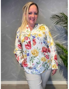 Off white hør skjortebluse med blomster til kvinder – TIPPY collection