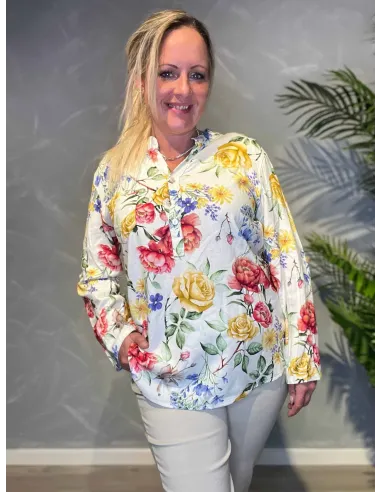 Off white hør skjortebluse med blomster til kvinder – TIPPY collection